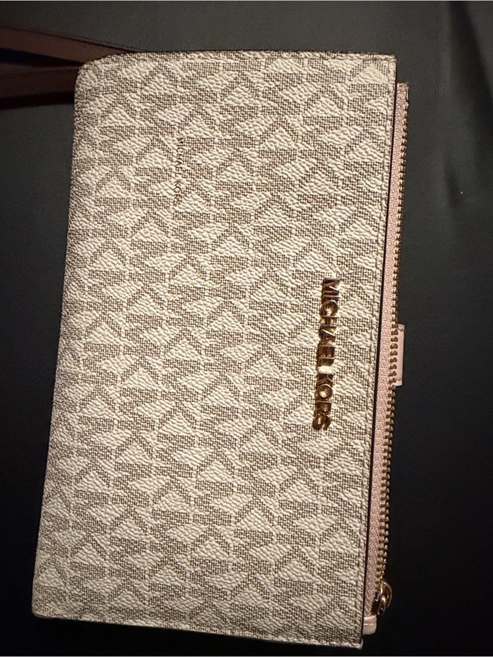 Michael Kors Cream Signature MK Zip Wallet with Gold Hardware